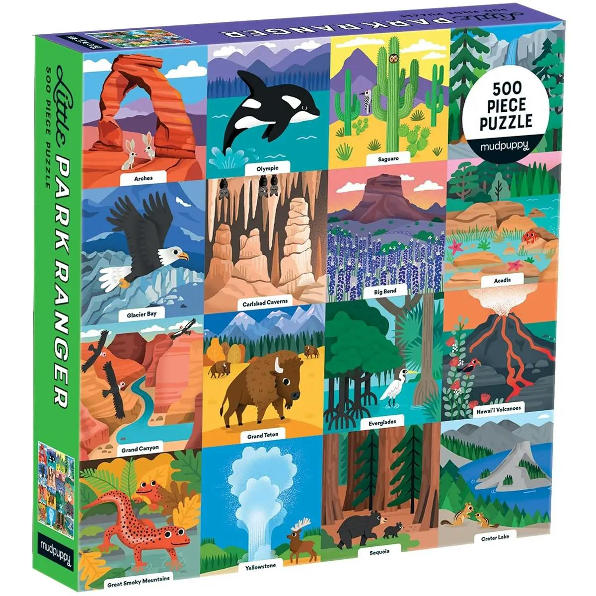 Jigsaw puzzle box showing art representing 16 American national parks.