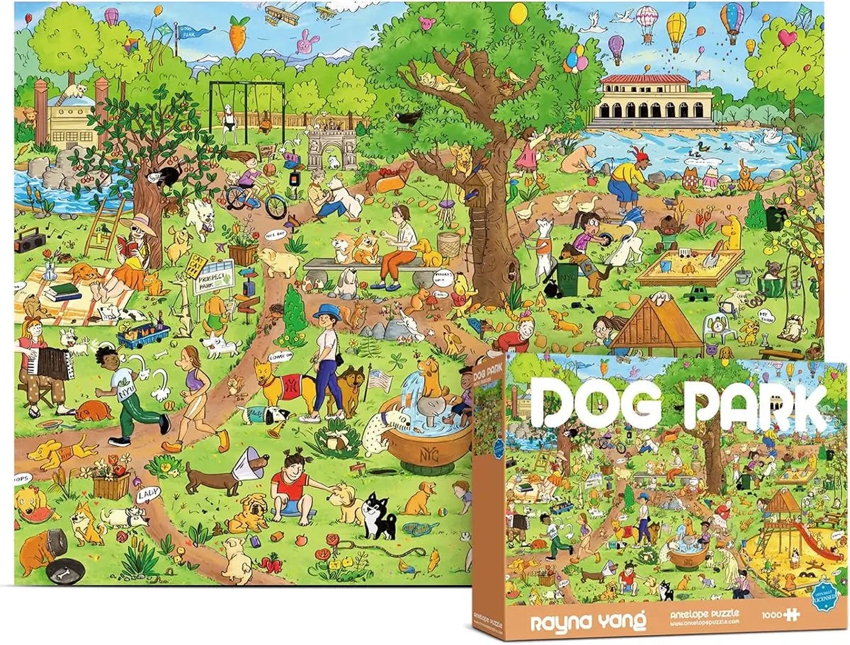 1000-piece jigsaw puzzle featuring a funny illustration of people and their dogs at a dog park.