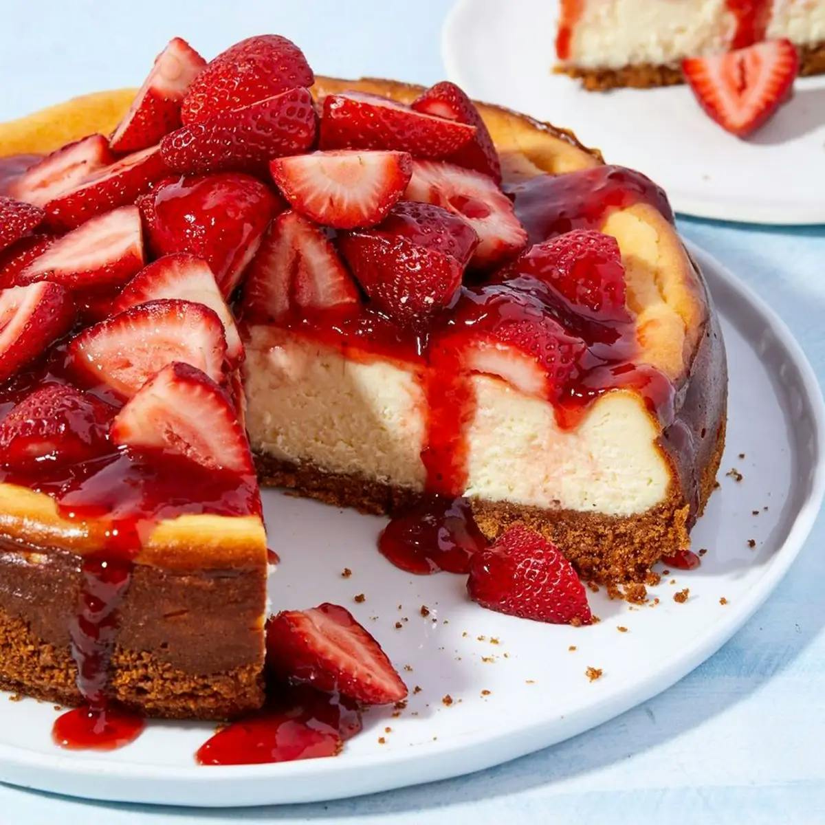 Strawberry cheesecake for Mother’s Day brunch, on a plate with a slice missing.