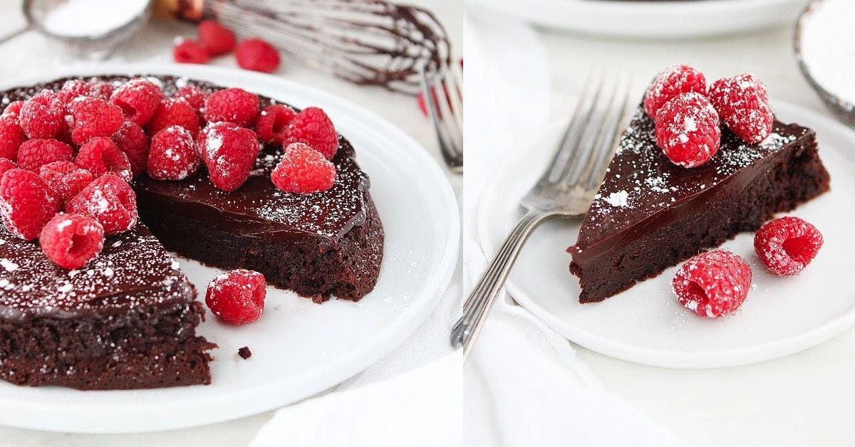 A flourless chocolate cake topped with raspberries, for Mother’s Day brunch.
