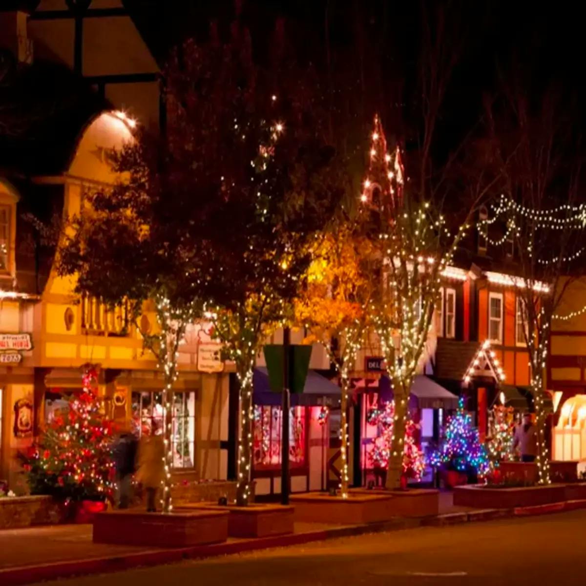  Danish-style high street in Solvang, CA, lit with Christmas lights during Julefest.