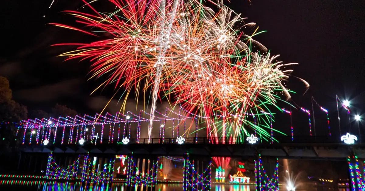 Holiday lights and fireworks during the Christmas festival in Natchitoches, LA.