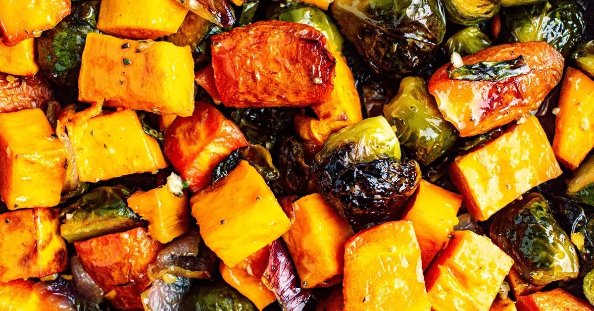 Roasted root vegetables, perfect as a Christmas dinner side.