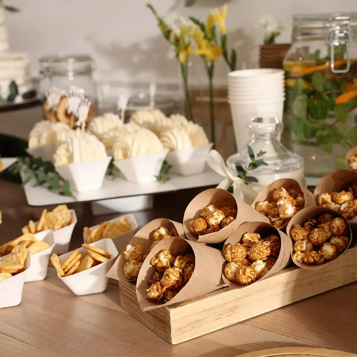Sustainable party buffet showing items wrapped in paper.